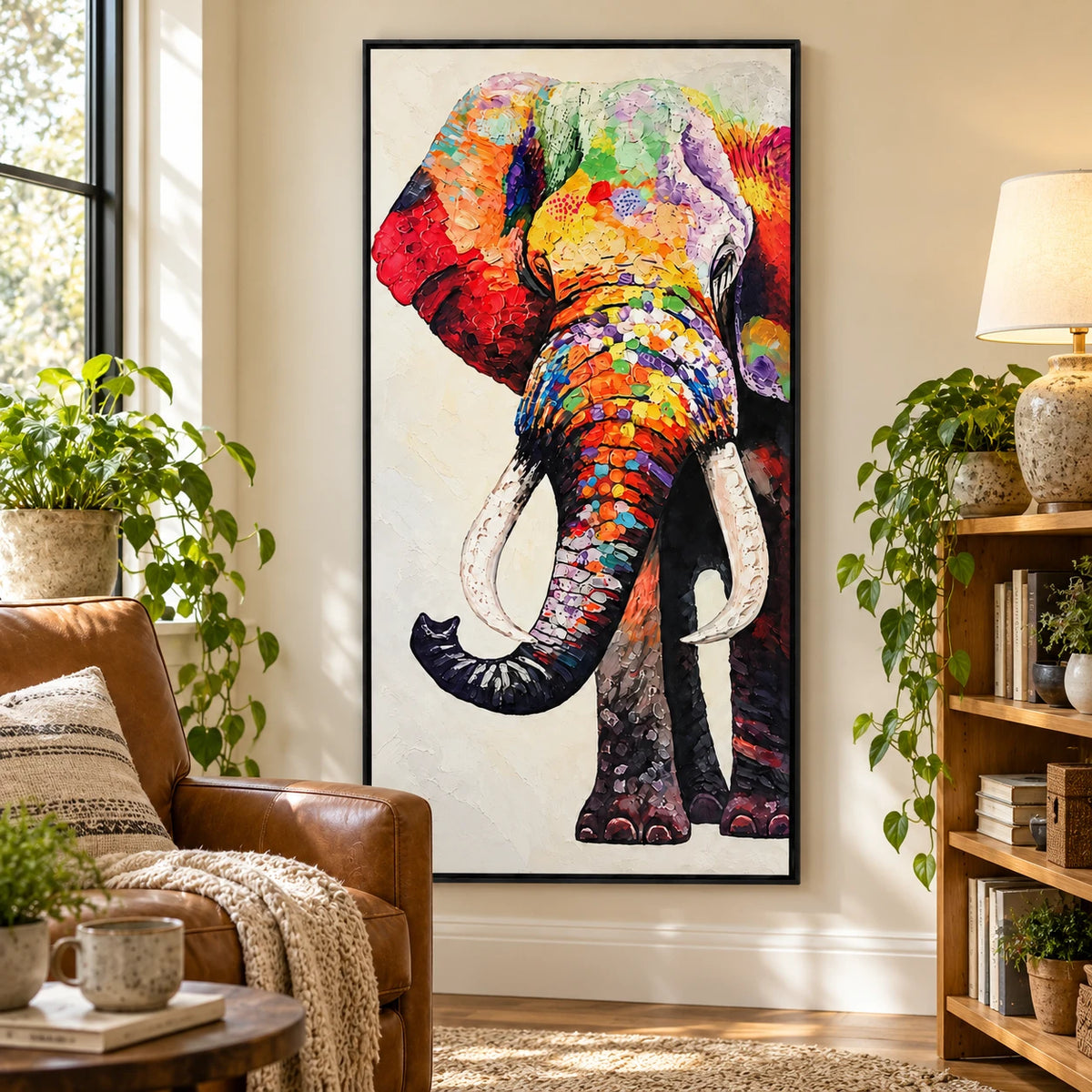 Ownanart Hand-Painted Colorful Elephant Portrait with White Tusks Oil Painting – 3D Textured Vertical Impasto Canvas Wall Art for Living Room Bedroom Entryway and Office