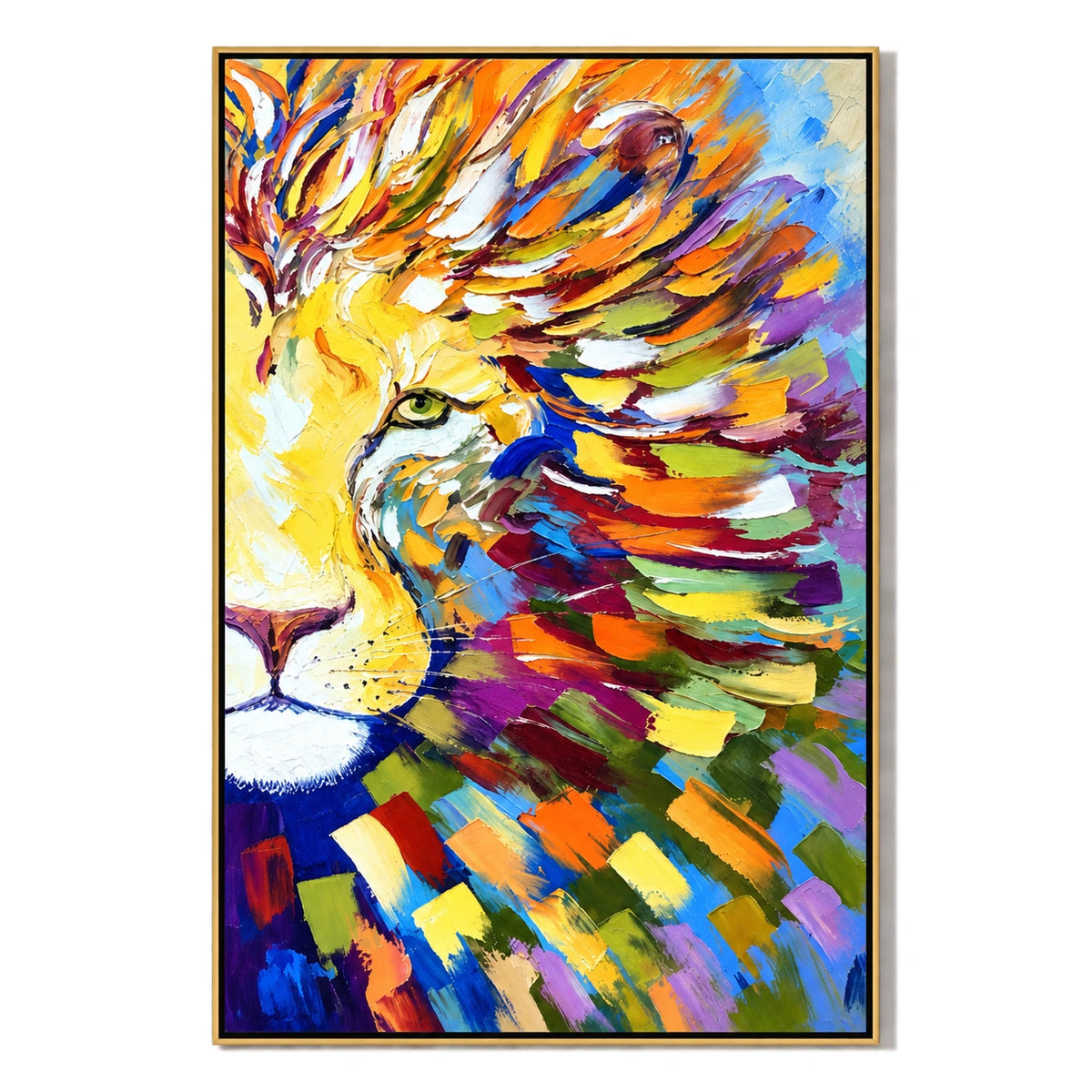 Ownanart Hand-Painted Colorful Lion Portrait Oil Painting – 3D Textured Vertical Impasto Canvas Wall Art for Living Room Bedroom Entryway and Office