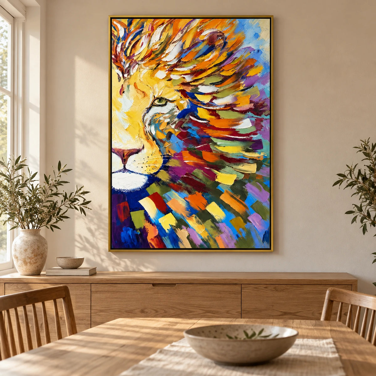 Ownanart Hand-Painted Colorful Lion Portrait Oil Painting – 3D Textured Vertical Impasto Canvas Wall Art for Living Room Bedroom Entryway and Office