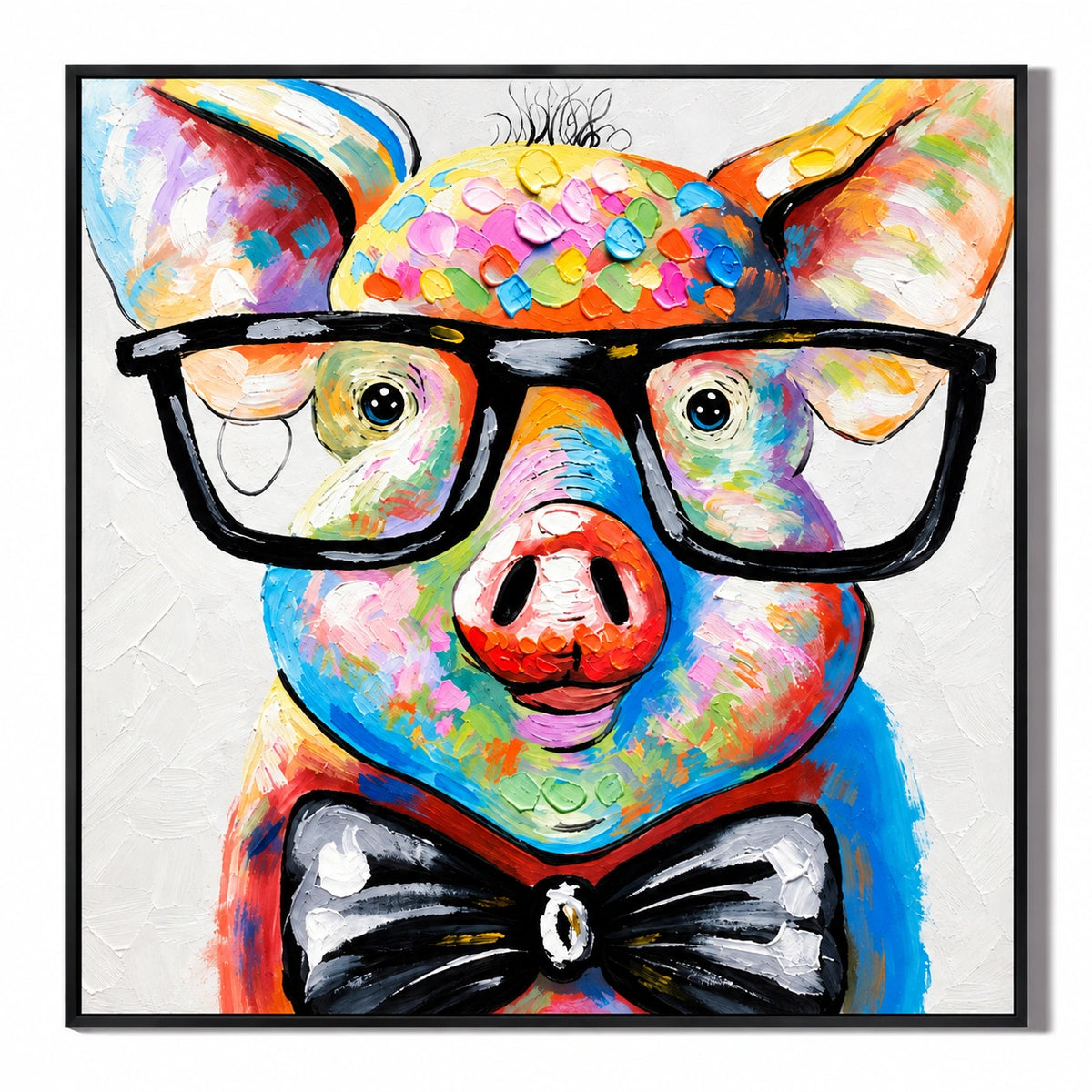 Ownanart Hand-Painted Colorful Pig Wearing Black Glasses and Bow Tie Oil Painting – 3D Textured Square Impasto Canvas Wall Art for Living Room Bedroom Entryway and Office