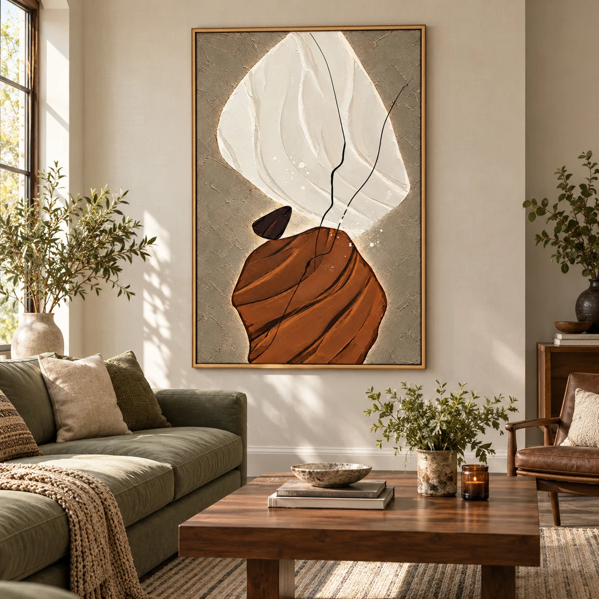 Ownanart Hand-Painted Cream Brown and Taupe Organic Abstract with Black Lines Oil Painting – 3D Textured Vertical Impasto Canvas Wall Art for Living Room Bedroom Entryway and Office