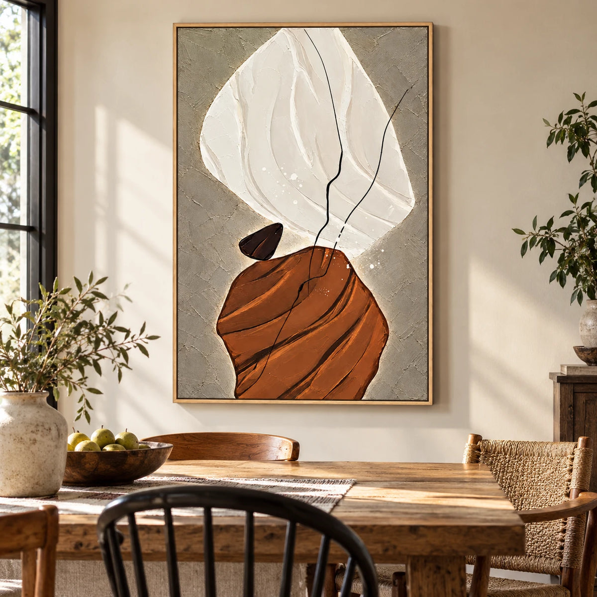 Ownanart Hand-Painted Cream Brown and Taupe Organic Abstract with Black Lines Oil Painting – 3D Textured Vertical Impasto Canvas Wall Art for Living Room Bedroom Entryway and Office