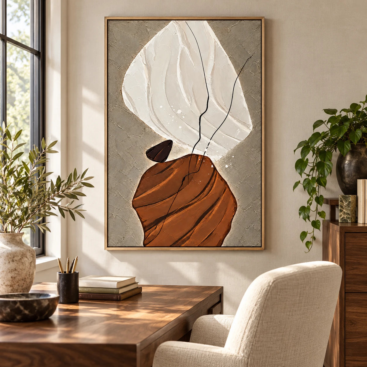 Ownanart Hand-Painted Cream Brown and Taupe Organic Abstract with Black Lines Oil Painting – 3D Textured Vertical Impasto Canvas Wall Art for Living Room Bedroom Entryway and Office