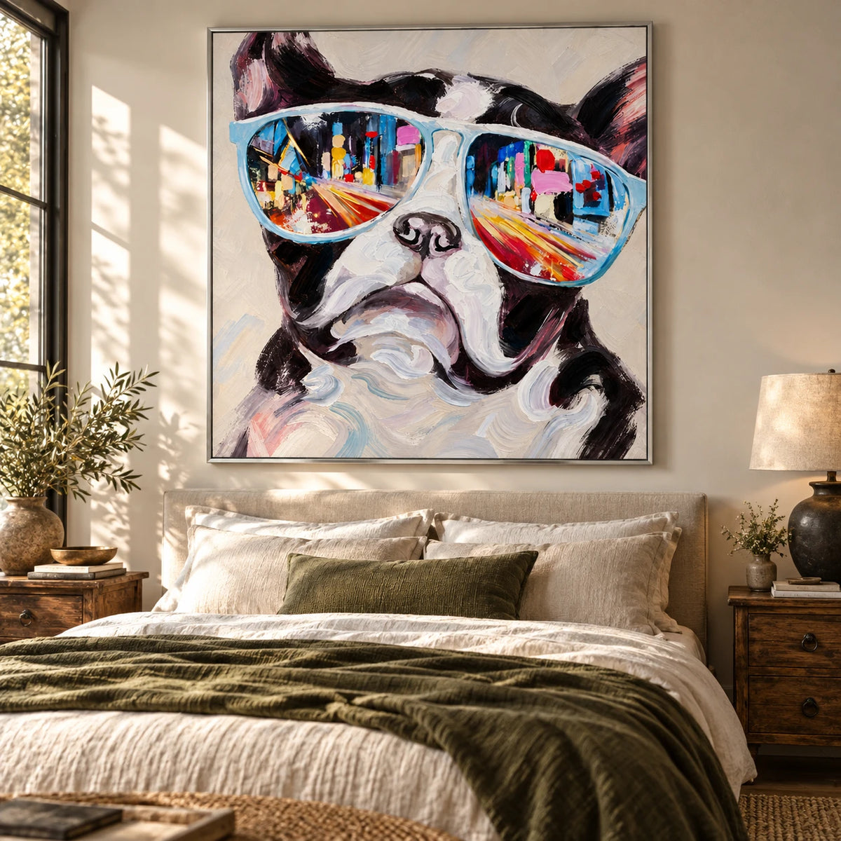 Ownanart Hand-Painted French Bulldog Wearing Blue Sunglasses with City Reflections Oil Painting – 3D Textured Square Impasto Canvas Wall Art for Living Room Bedroom Entryway and Office