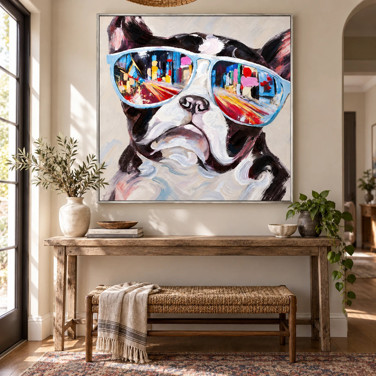 Ownanart Hand-Painted French Bulldog Wearing Blue Sunglasses with City Reflections Oil Painting – 3D Textured Square Impasto Canvas Wall Art for Living Room Bedroom Entryway and Office