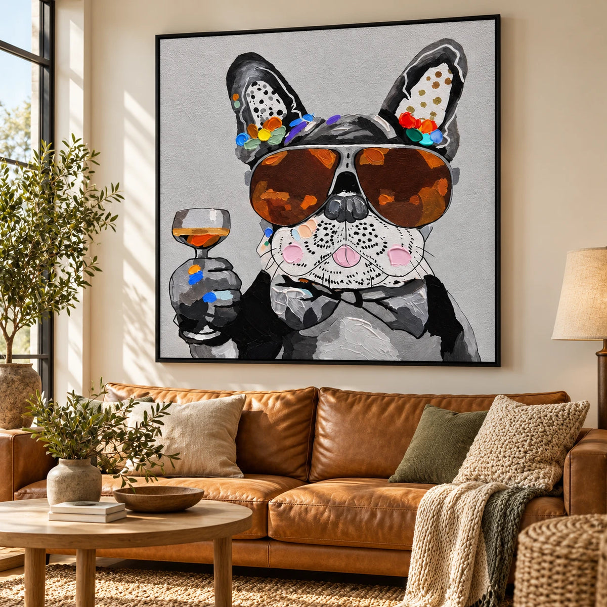 Ownanart Hand-Painted French Bulldog Wearing Sunglasses and Bow Tie with Wine Glass Oil Painting – 3D Textured Square Impasto Canvas Wall Art for Living Room Bedroom Entryway and Office