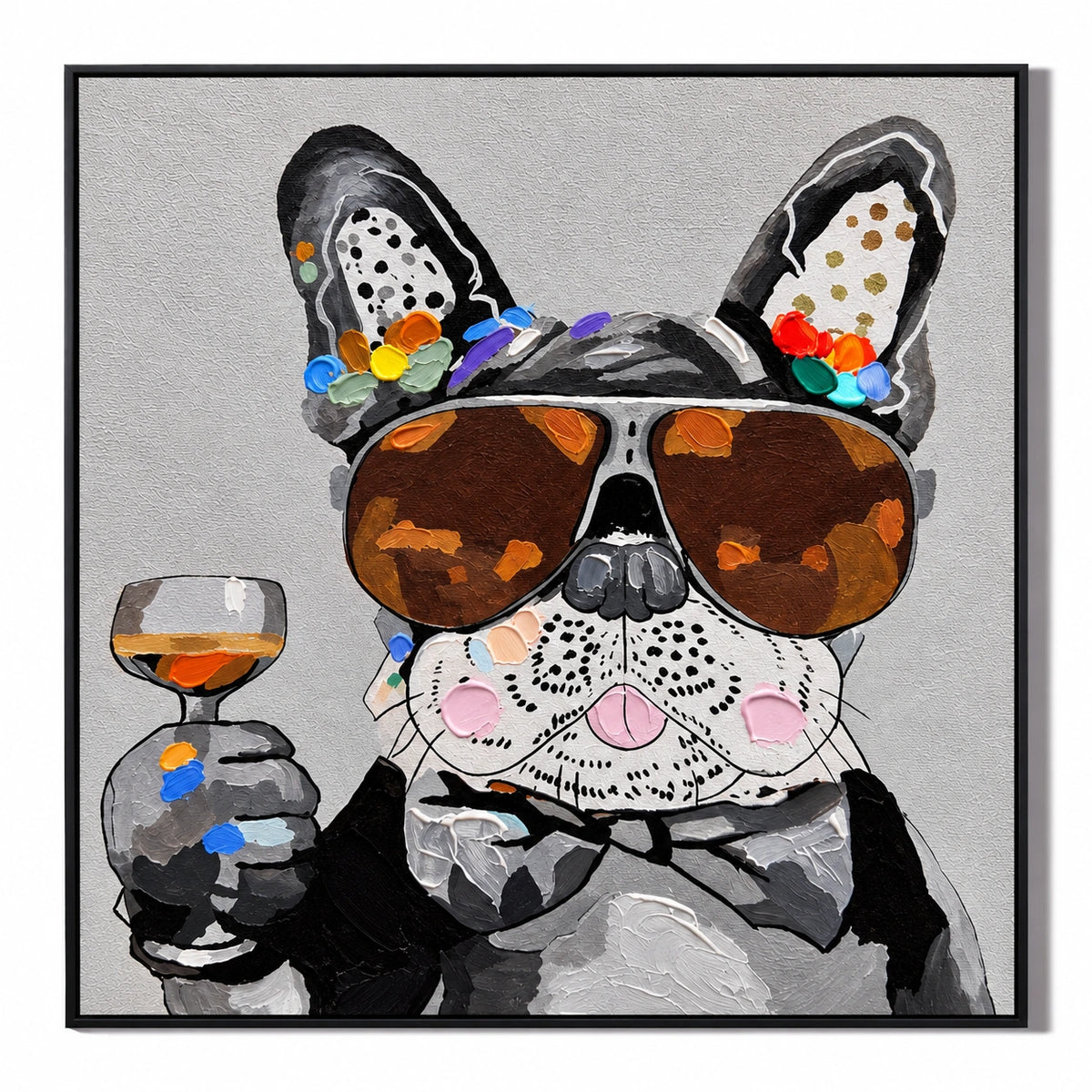 Ownanart Hand-Painted French Bulldog Wearing Sunglasses and Bow Tie with Wine Glass Oil Painting – 3D Textured Square Impasto Canvas Wall Art for Living Room Bedroom Entryway and Office