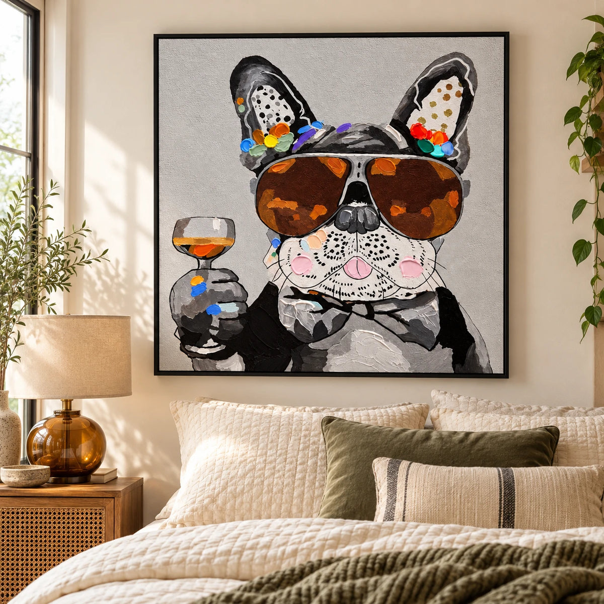 Ownanart Hand-Painted French Bulldog Wearing Sunglasses and Bow Tie with Wine Glass Oil Painting – 3D Textured Square Impasto Canvas Wall Art for Living Room Bedroom Entryway and Office