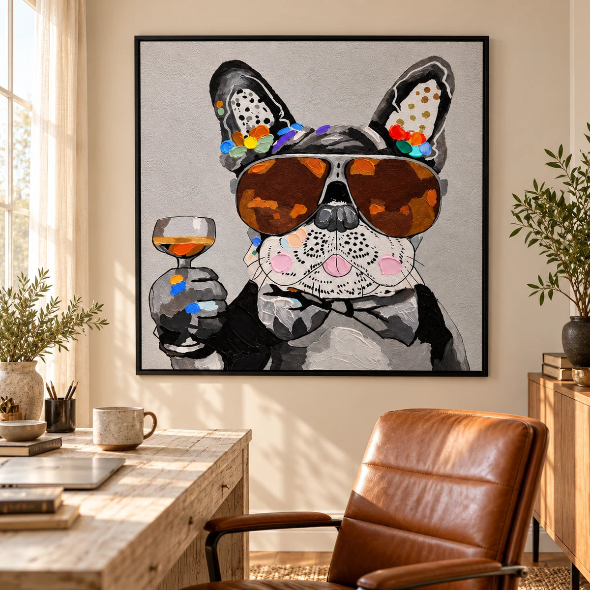 Ownanart Hand-Painted French Bulldog Wearing Sunglasses and Bow Tie with Wine Glass Oil Painting – 3D Textured Square Impasto Canvas Wall Art for Living Room Bedroom Entryway and Office