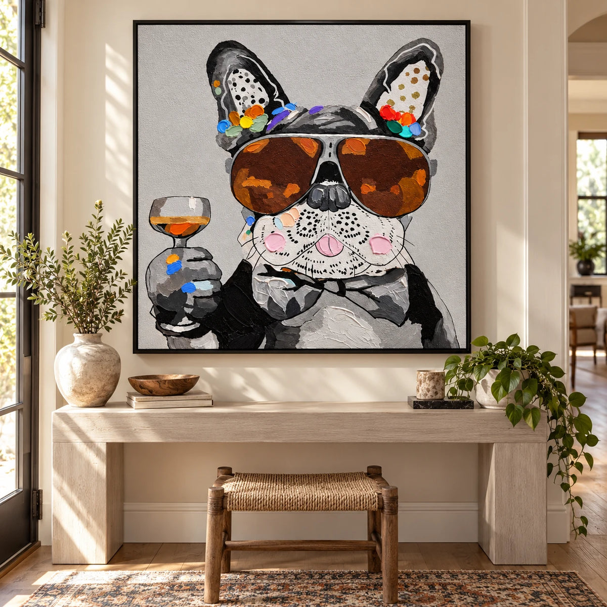 Ownanart Hand-Painted French Bulldog Wearing Sunglasses and Bow Tie with Wine Glass Oil Painting – 3D Textured Square Impasto Canvas Wall Art for Living Room Bedroom Entryway and Office