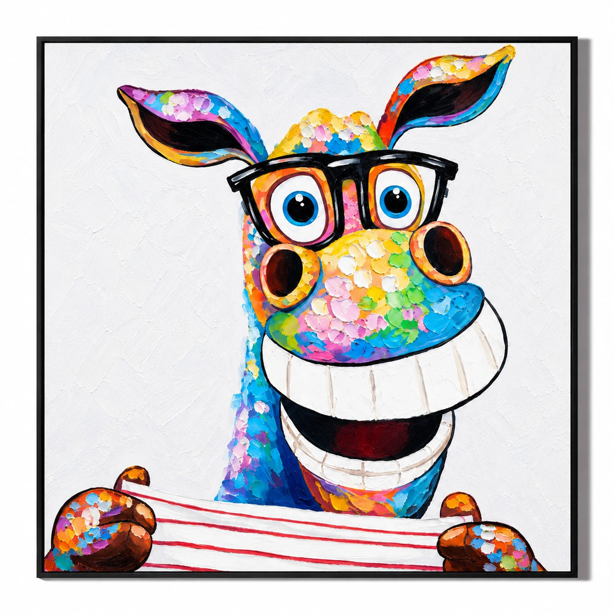 Ownanart Hand-Painted Funny Colorful Donkey Wearing Black Glasses and Striped Shirt Oil Painting – 3D Textured Square Impasto Canvas Wall Art for Living Room Bedroom Entryway and Office