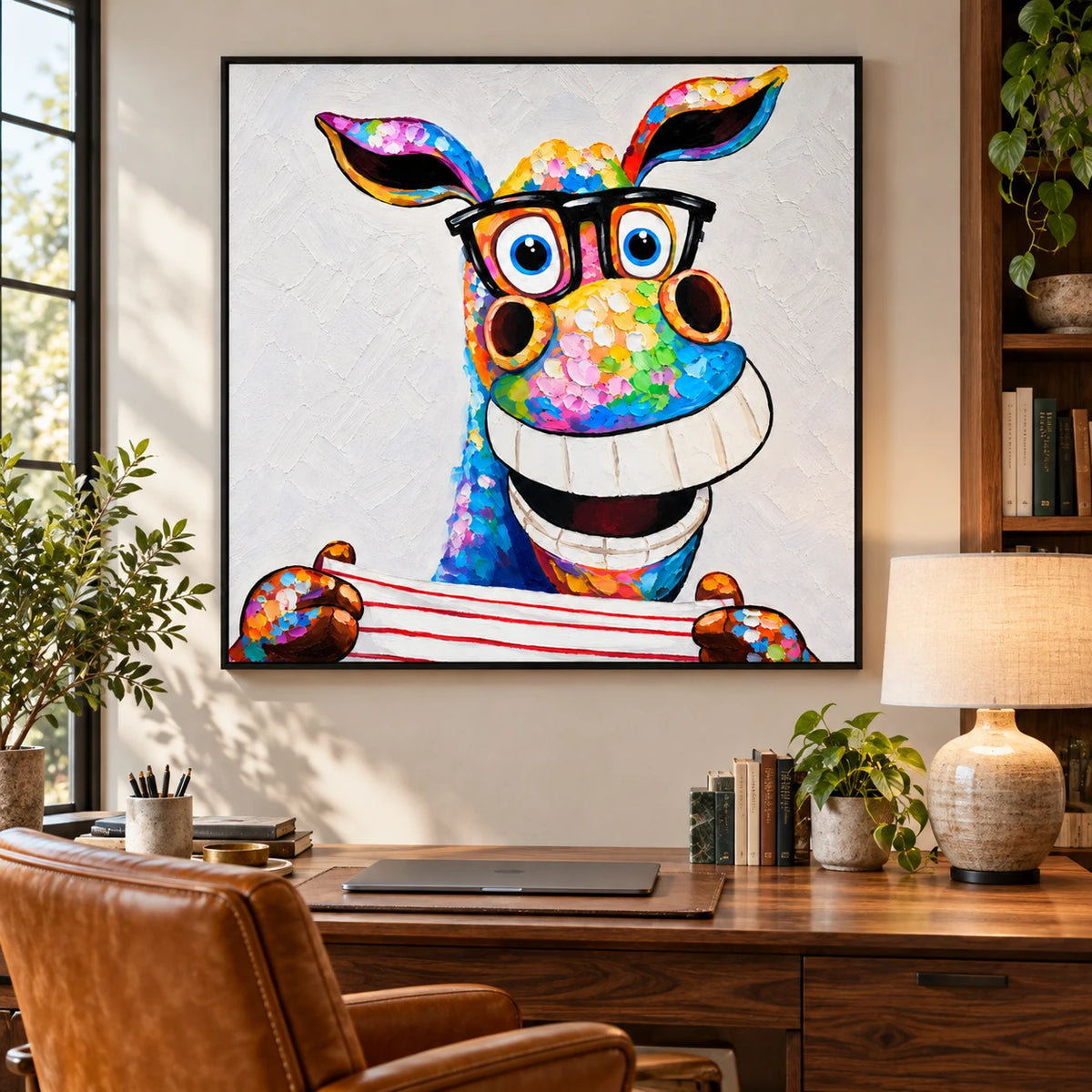 Ownanart Hand-Painted Funny Colorful Donkey Wearing Black Glasses and Striped Shirt Oil Painting – 3D Textured Square Impasto Canvas Wall Art for Living Room Bedroom Entryway and Office