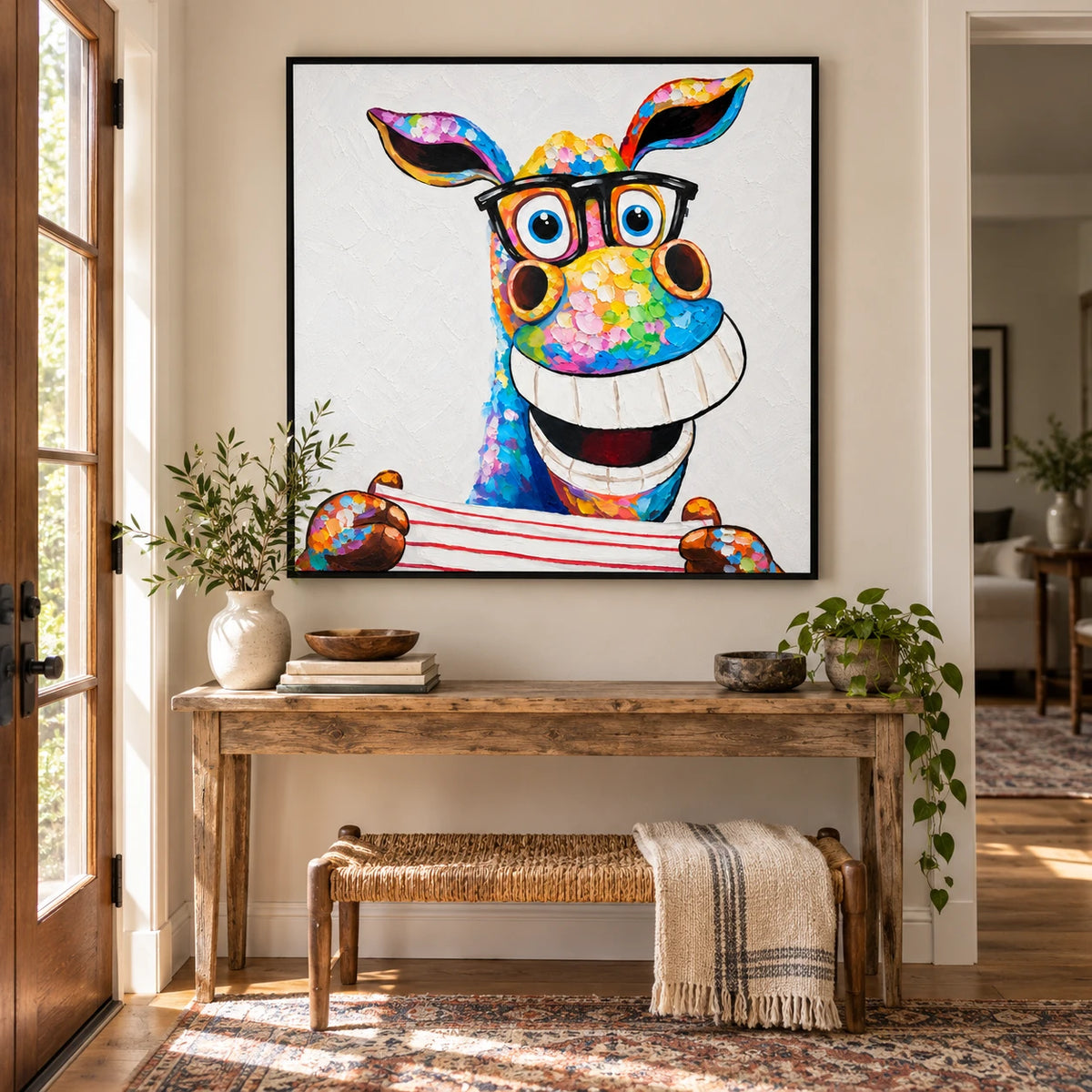 Ownanart Hand-Painted Funny Colorful Donkey Wearing Black Glasses and Striped Shirt Oil Painting – 3D Textured Square Impasto Canvas Wall Art for Living Room Bedroom Entryway and Office