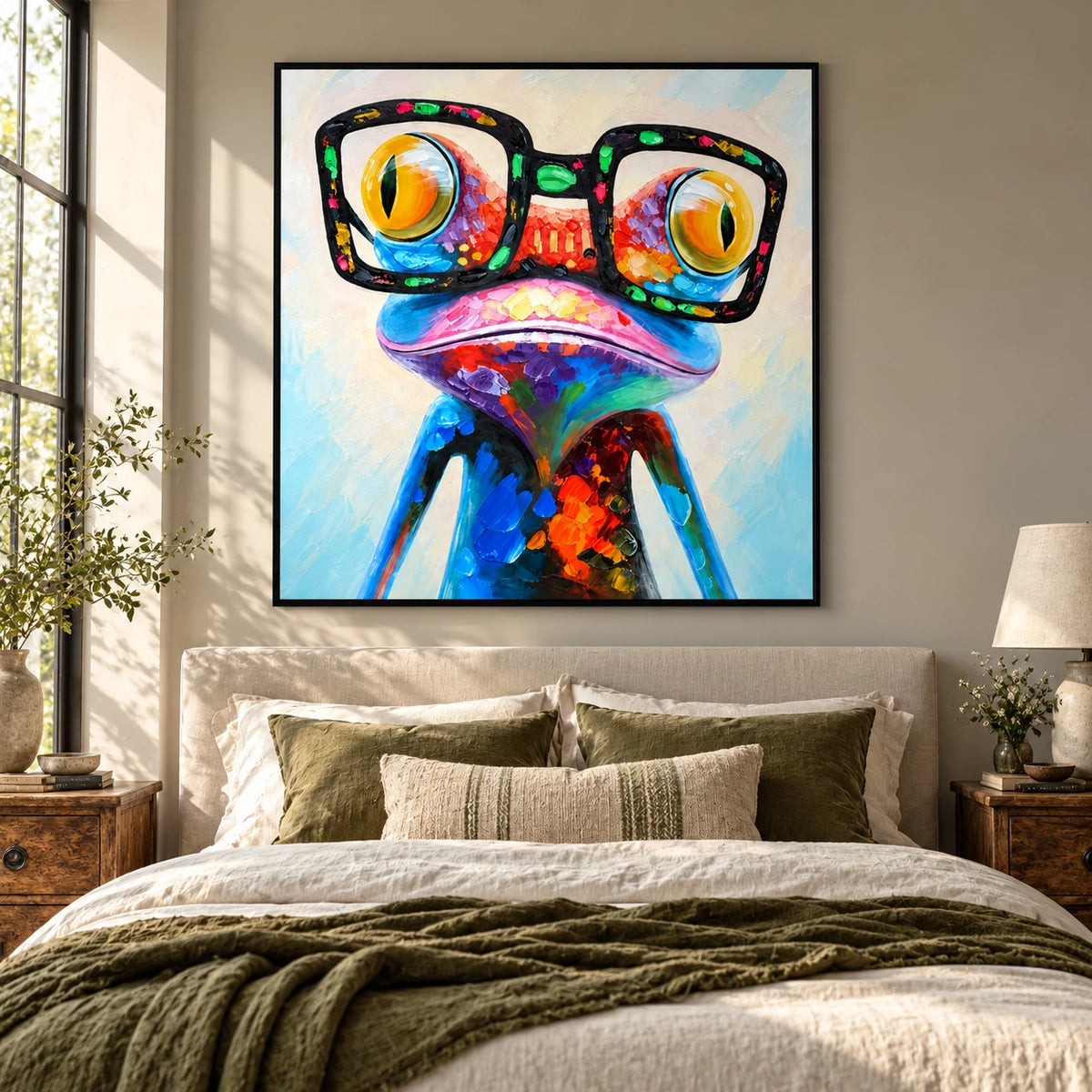 Ownanart Hand-Painted Funny Colorful Frog Wearing Oversized Black Glasses Oil Painting – 3D Textured Square Impasto Canvas Wall Art for Living Room Bedroom Entryway and Office