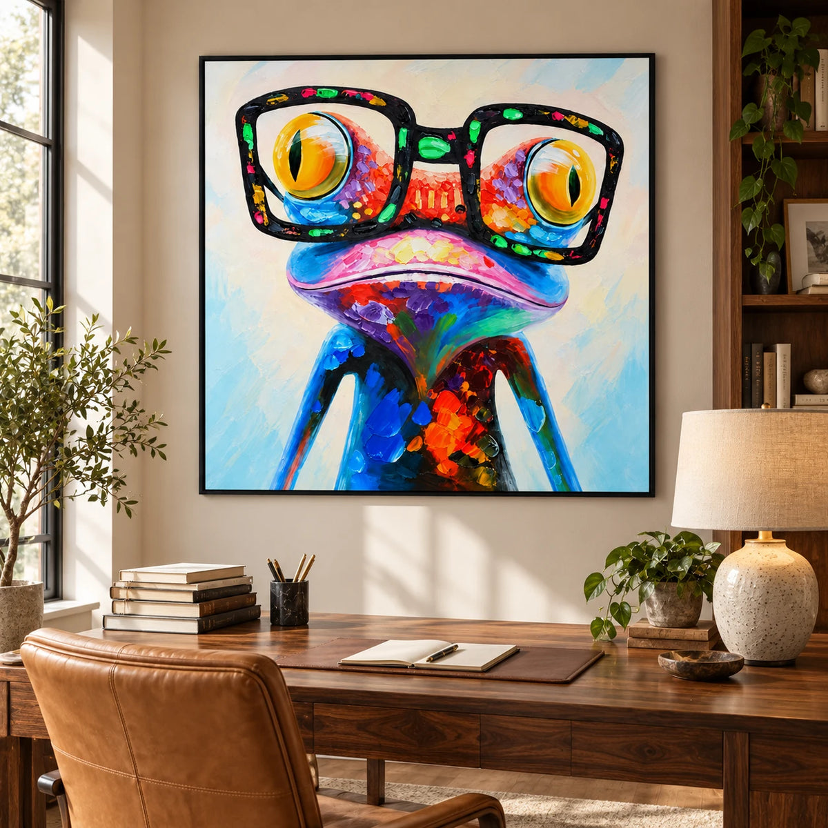 Ownanart Hand-Painted Funny Colorful Frog Wearing Oversized Black Glasses Oil Painting – 3D Textured Square Impasto Canvas Wall Art for Living Room Bedroom Entryway and Office