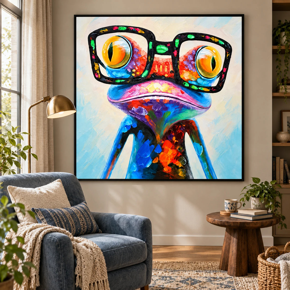 Ownanart Hand-Painted Funny Colorful Frog Wearing Oversized Black Glasses Oil Painting – 3D Textured Square Impasto Canvas Wall Art for Living Room Bedroom Entryway and Office