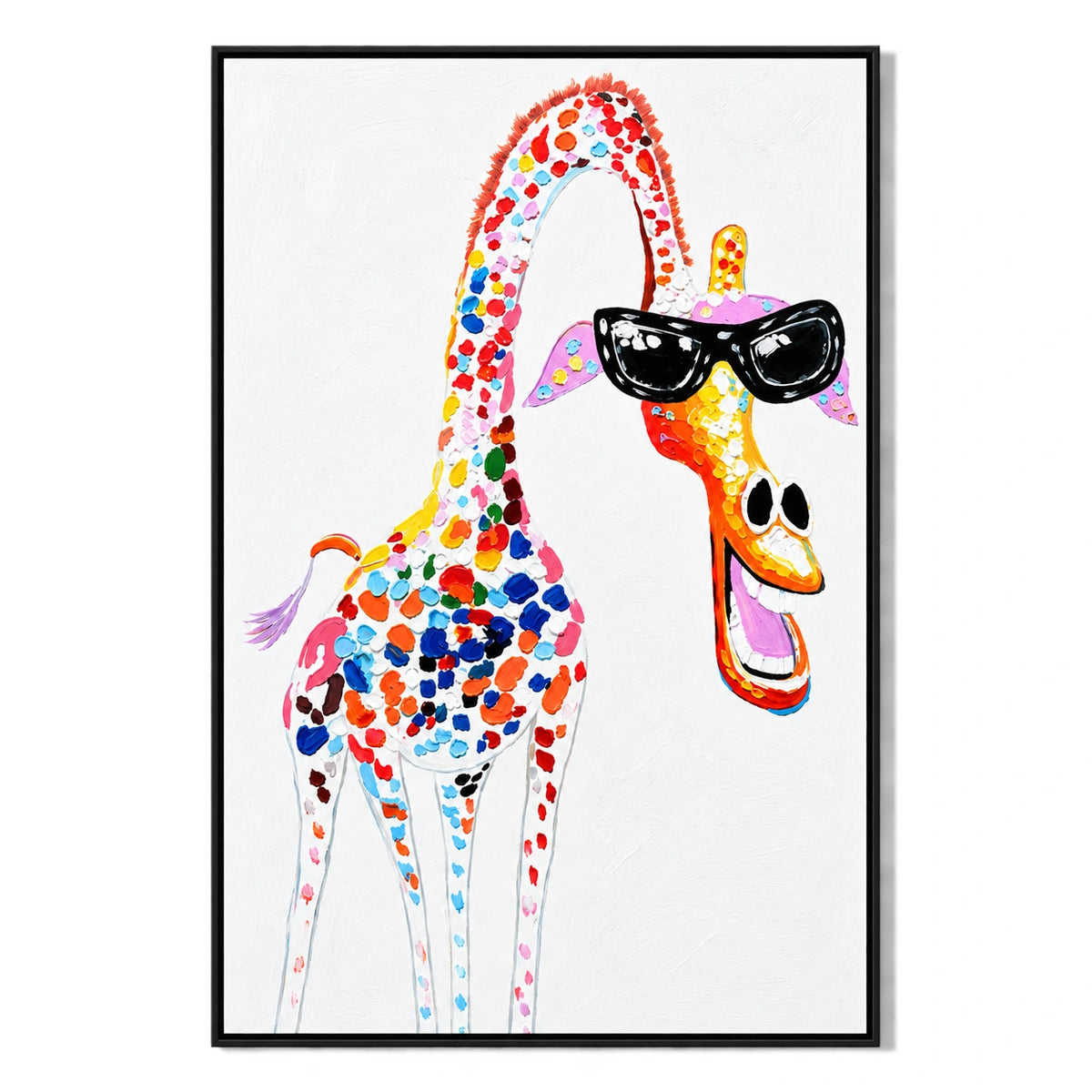 Ownanart Hand-Painted Funny Colorful Giraffe Wearing Black Sunglasses Oil Painting – 3D Textured Vertical Impasto Canvas Wall Art for Living Room Bedroom Entryway and Office