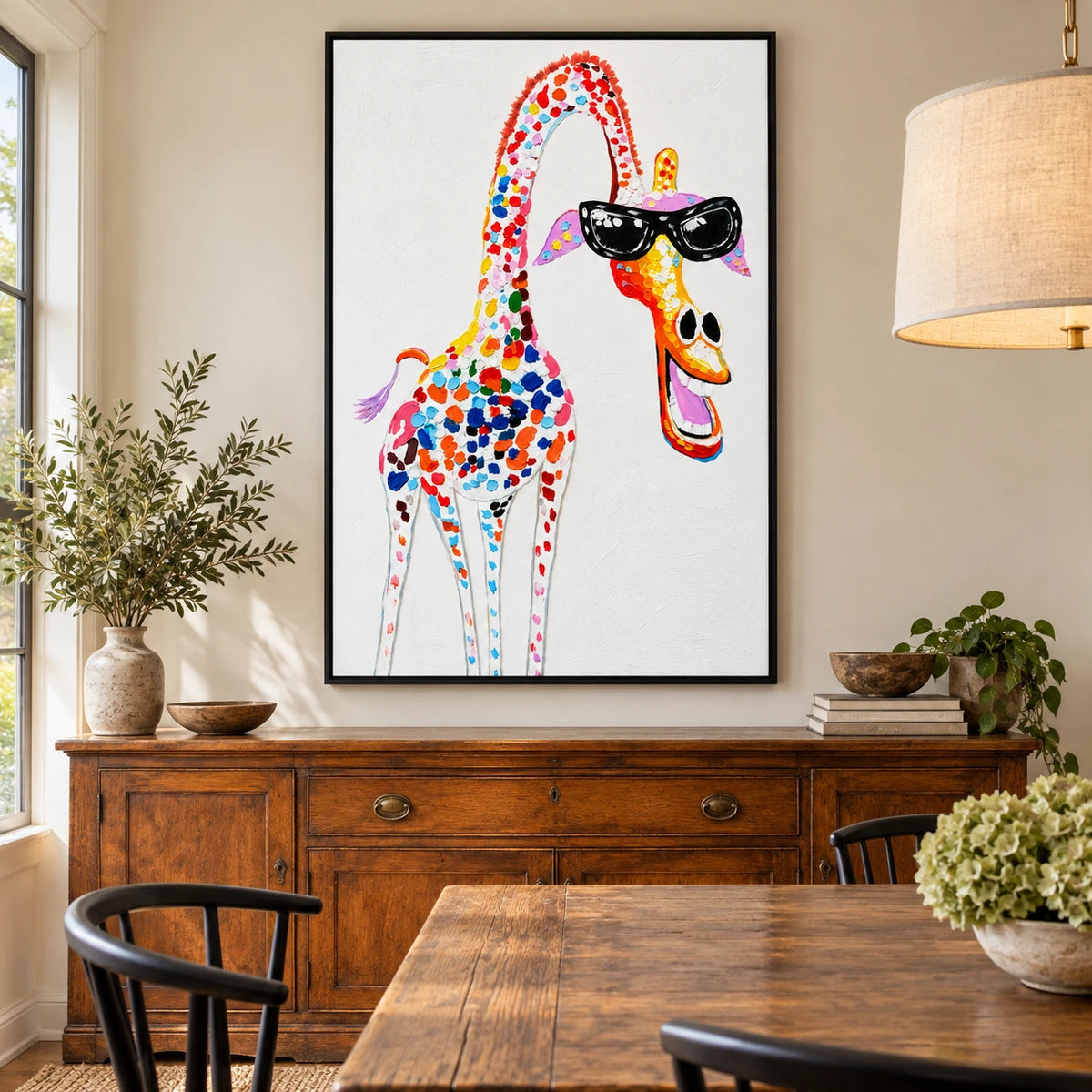 Ownanart Hand-Painted Funny Colorful Giraffe Wearing Black Sunglasses Oil Painting – 3D Textured Vertical Impasto Canvas Wall Art for Living Room Bedroom Entryway and Office