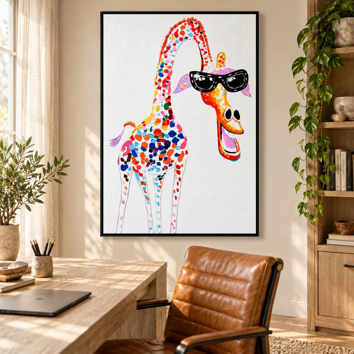 Ownanart Hand-Painted Funny Colorful Giraffe Wearing Black Sunglasses Oil Painting – 3D Textured Vertical Impasto Canvas Wall Art for Living Room Bedroom Entryway and Office