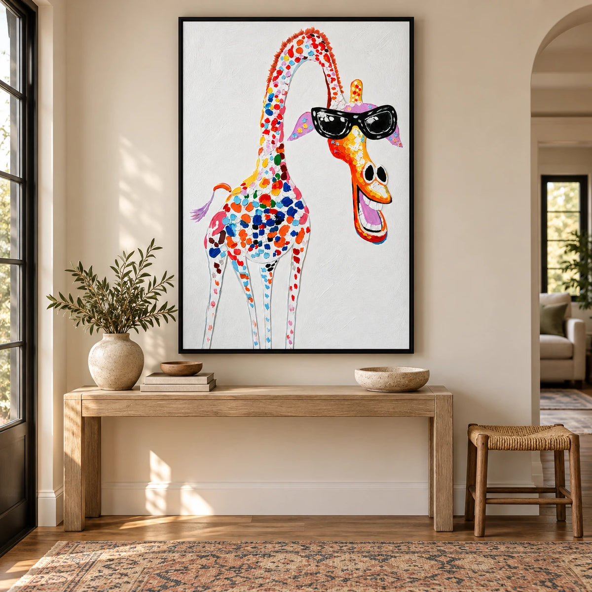 Ownanart Hand-Painted Funny Colorful Giraffe Wearing Black Sunglasses Oil Painting – 3D Textured Vertical Impasto Canvas Wall Art for Living Room Bedroom Entryway and Office