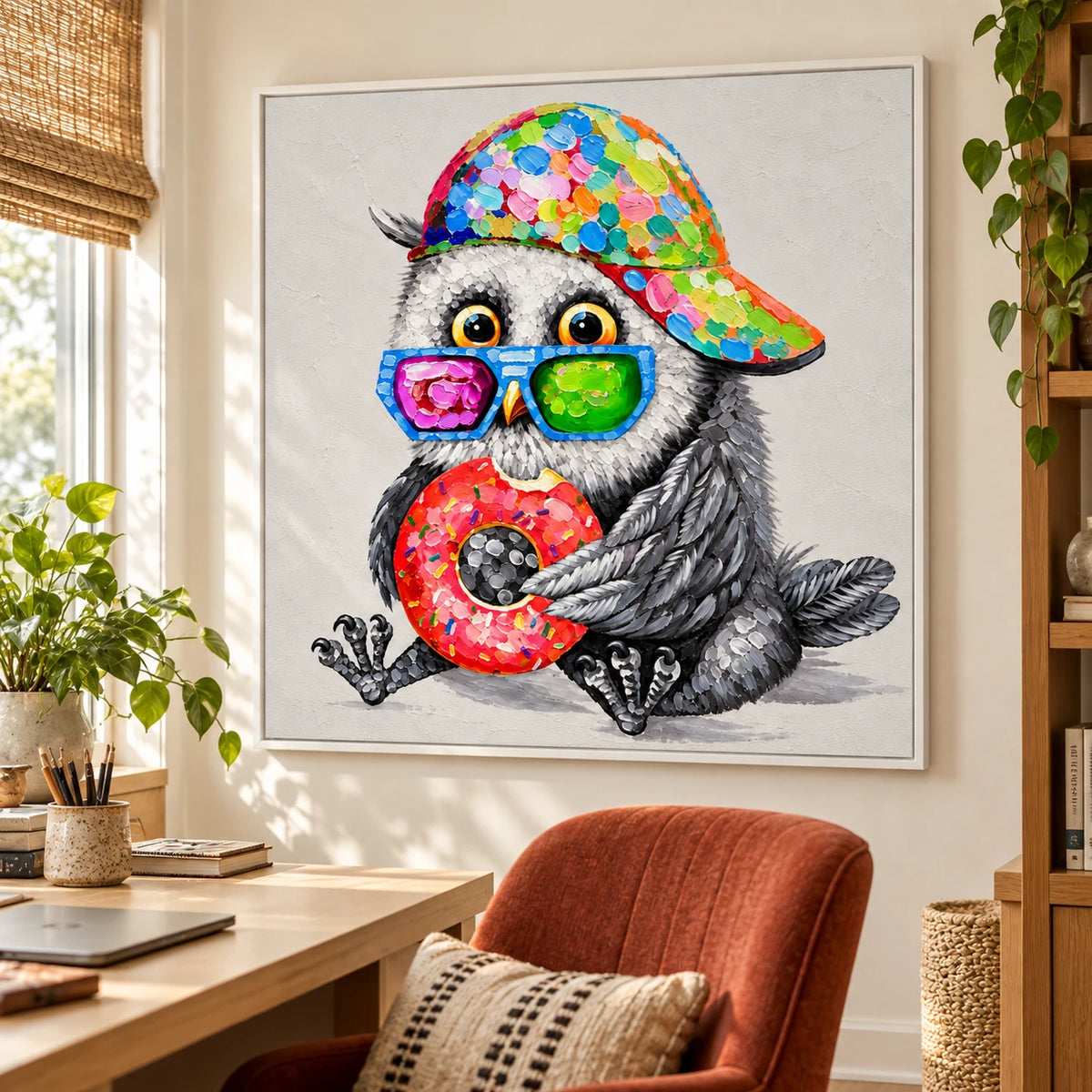 Ownanart Hand-Painted Funny Owl Wearing Colorful Cap and Sunglasses Holding Donut Oil Painting – 3D Textured Square Impasto Canvas Wall Art for Living Room Bedroom Entryway and Office