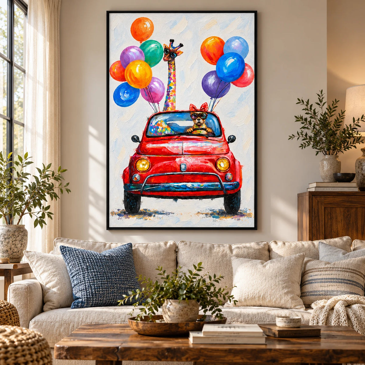 Ownanart Hand-Painted Giraffe and Dog in Red Convertible with Colorful Balloons Oil Painting – 3D Textured Vertical Impasto Canvas Wall Art for Living Room Bedroom Entryway and Office