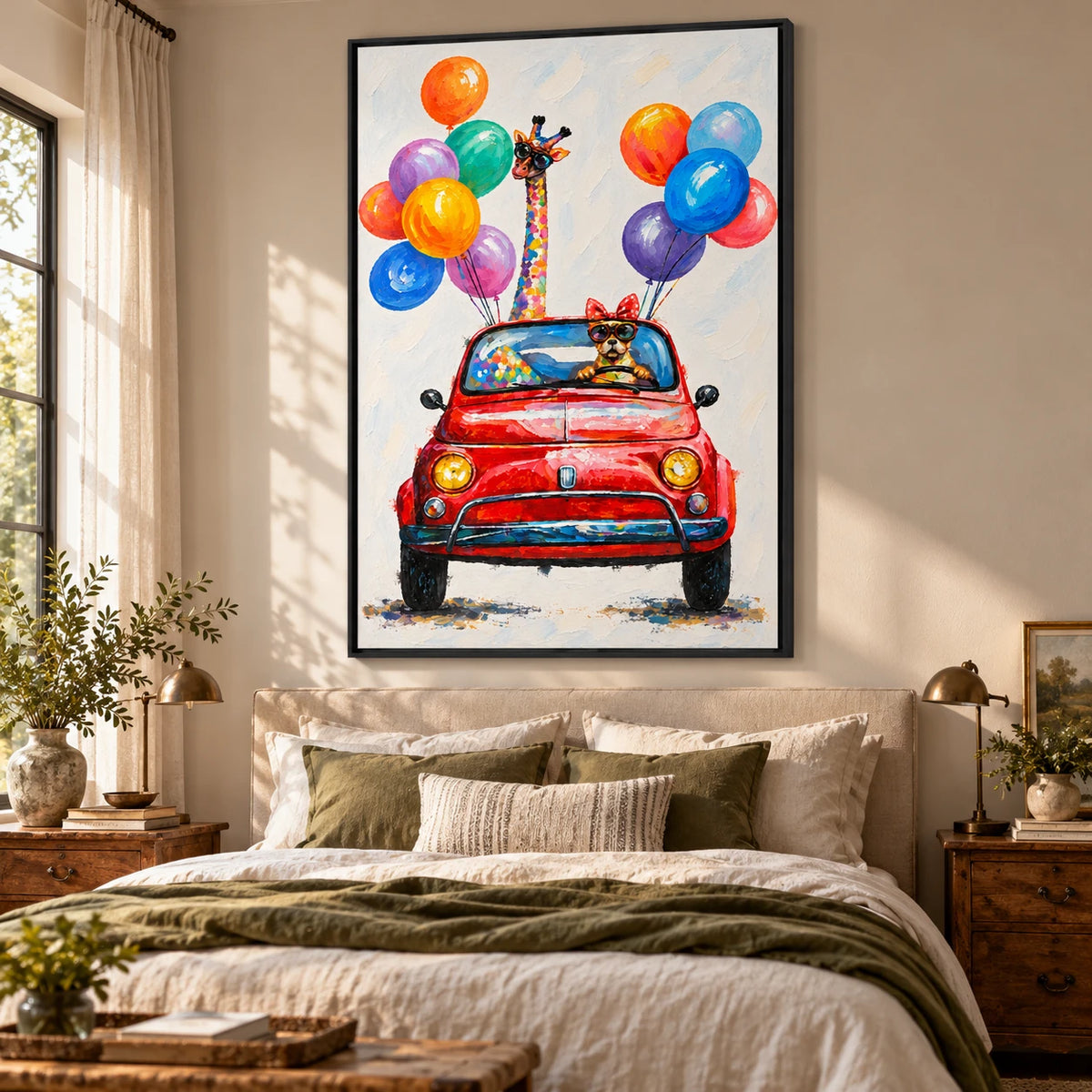 Ownanart Hand-Painted Giraffe and Dog in Red Convertible with Colorful Balloons Oil Painting – 3D Textured Vertical Impasto Canvas Wall Art for Living Room Bedroom Entryway and Office