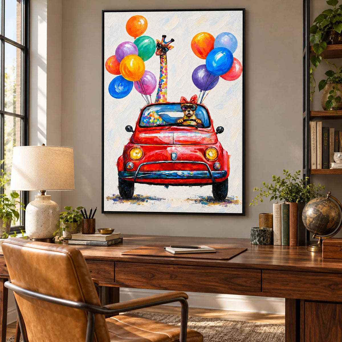 Ownanart Hand-Painted Giraffe and Dog in Red Convertible with Colorful Balloons Oil Painting – 3D Textured Vertical Impasto Canvas Wall Art for Living Room Bedroom Entryway and Office