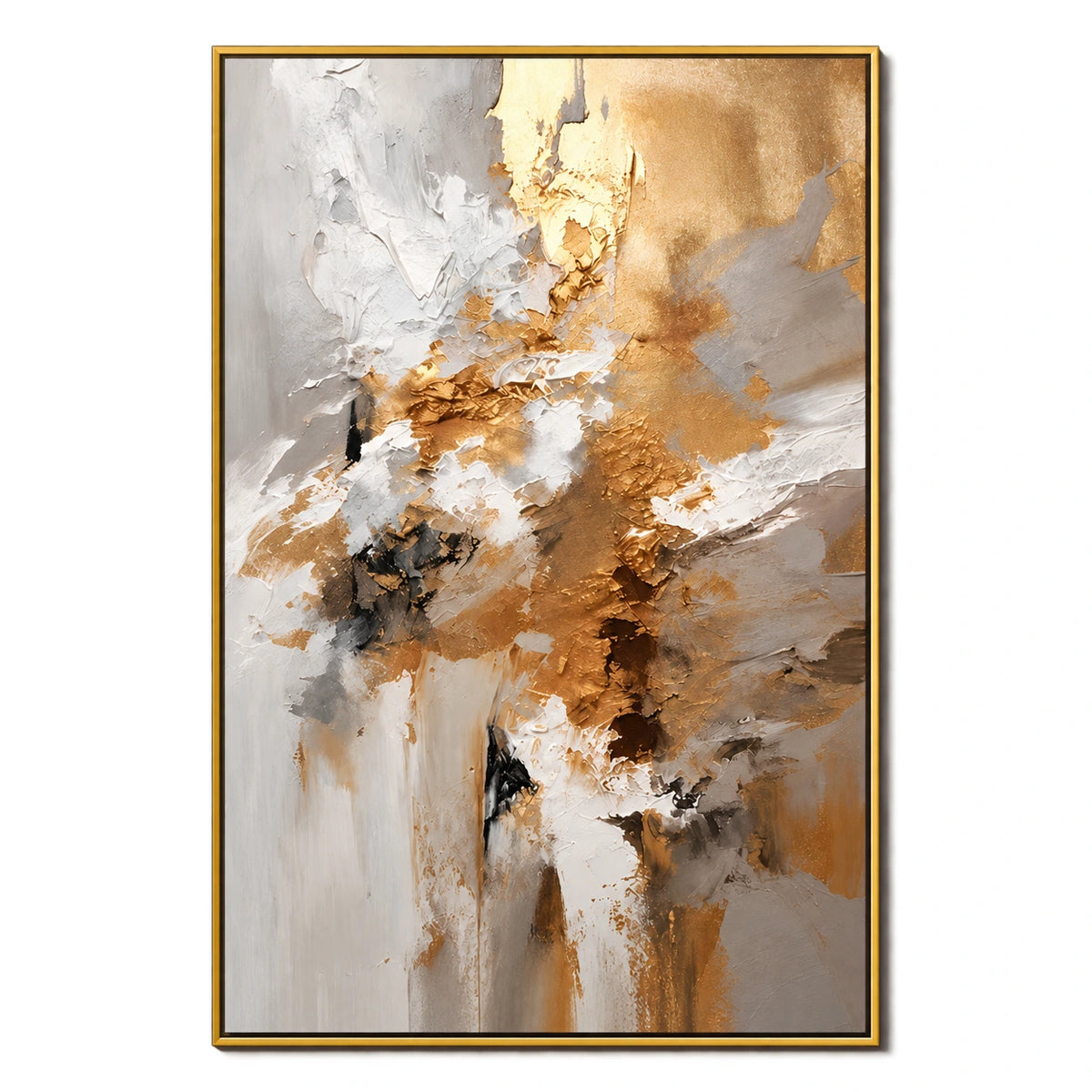 Ownanart Hand-Painted Gold White Grey and Black Textured Abstract Oil Painting – 3D Textured Vertical Impasto Canvas Wall Art for Living Room Bedroom Entryway and Office
