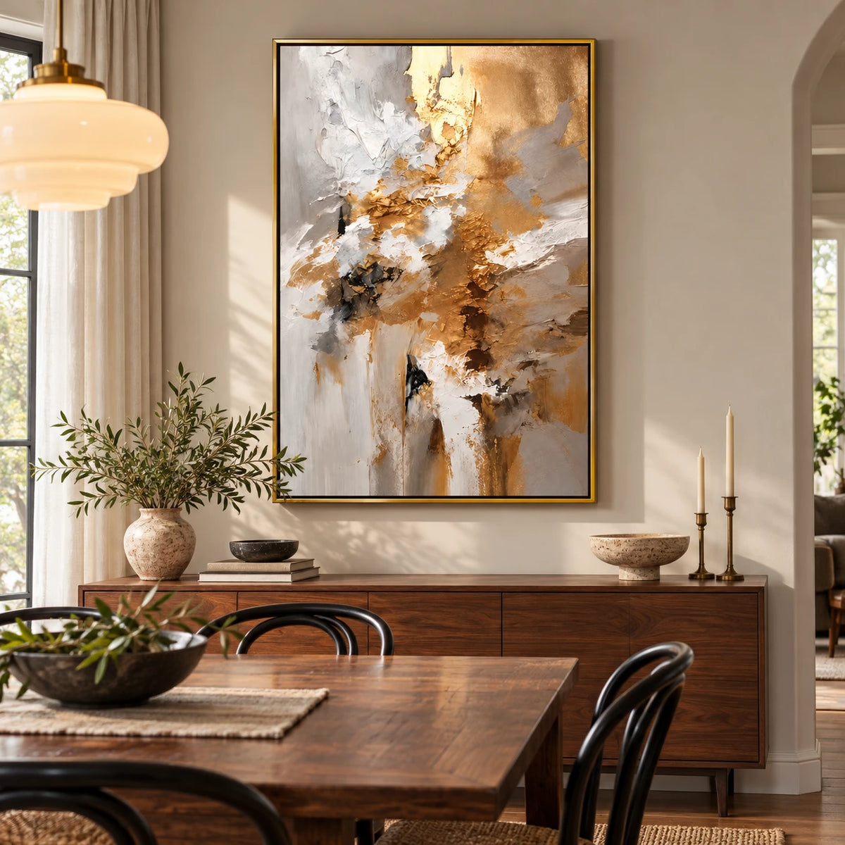 Ownanart Hand-Painted Gold White Grey and Black Textured Abstract Oil Painting – 3D Textured Vertical Impasto Canvas Wall Art for Living Room Bedroom Entryway and Office