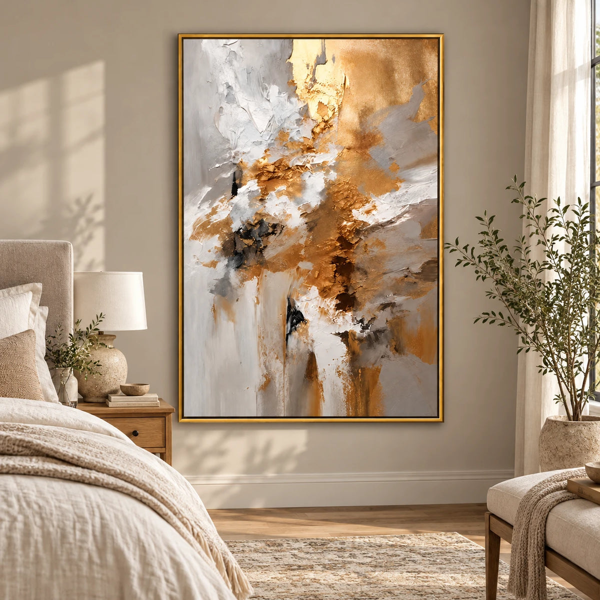 Ownanart Hand-Painted Gold White Grey and Black Textured Abstract Oil Painting – 3D Textured Vertical Impasto Canvas Wall Art for Living Room Bedroom Entryway and Office