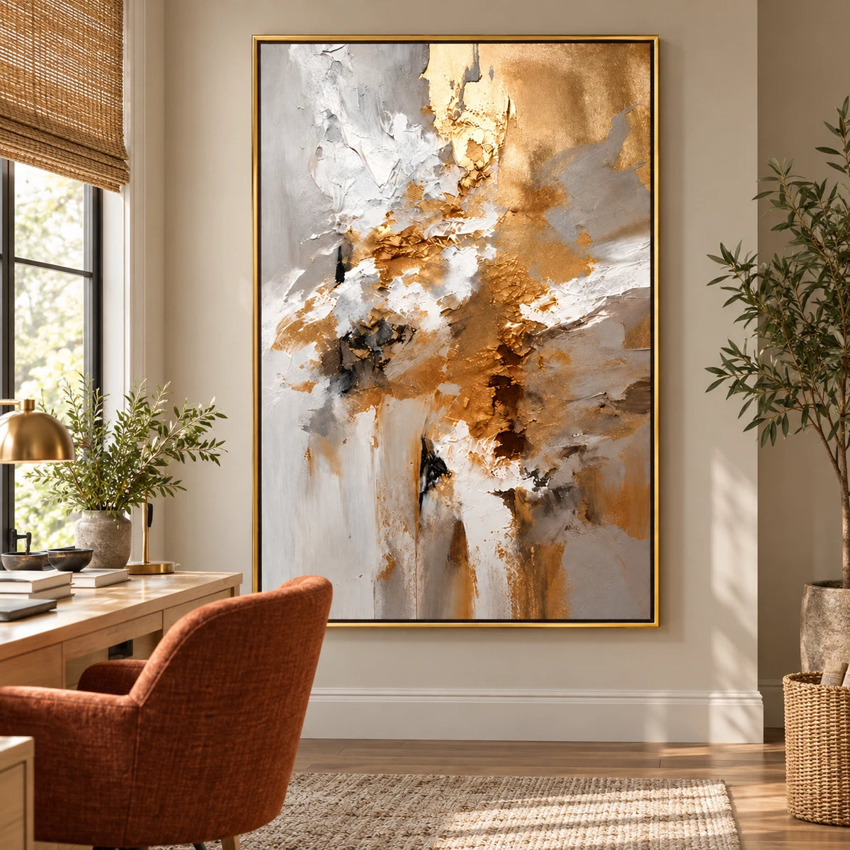 Ownanart Hand-Painted Gold White Grey and Black Textured Abstract Oil Painting – 3D Textured Vertical Impasto Canvas Wall Art for Living Room Bedroom Entryway and Office