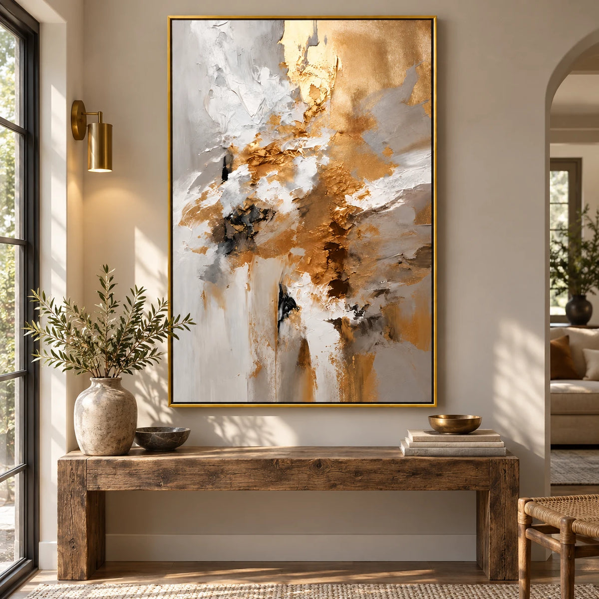 Ownanart Hand-Painted Gold White Grey and Black Textured Abstract Oil Painting – 3D Textured Vertical Impasto Canvas Wall Art for Living Room Bedroom Entryway and Office