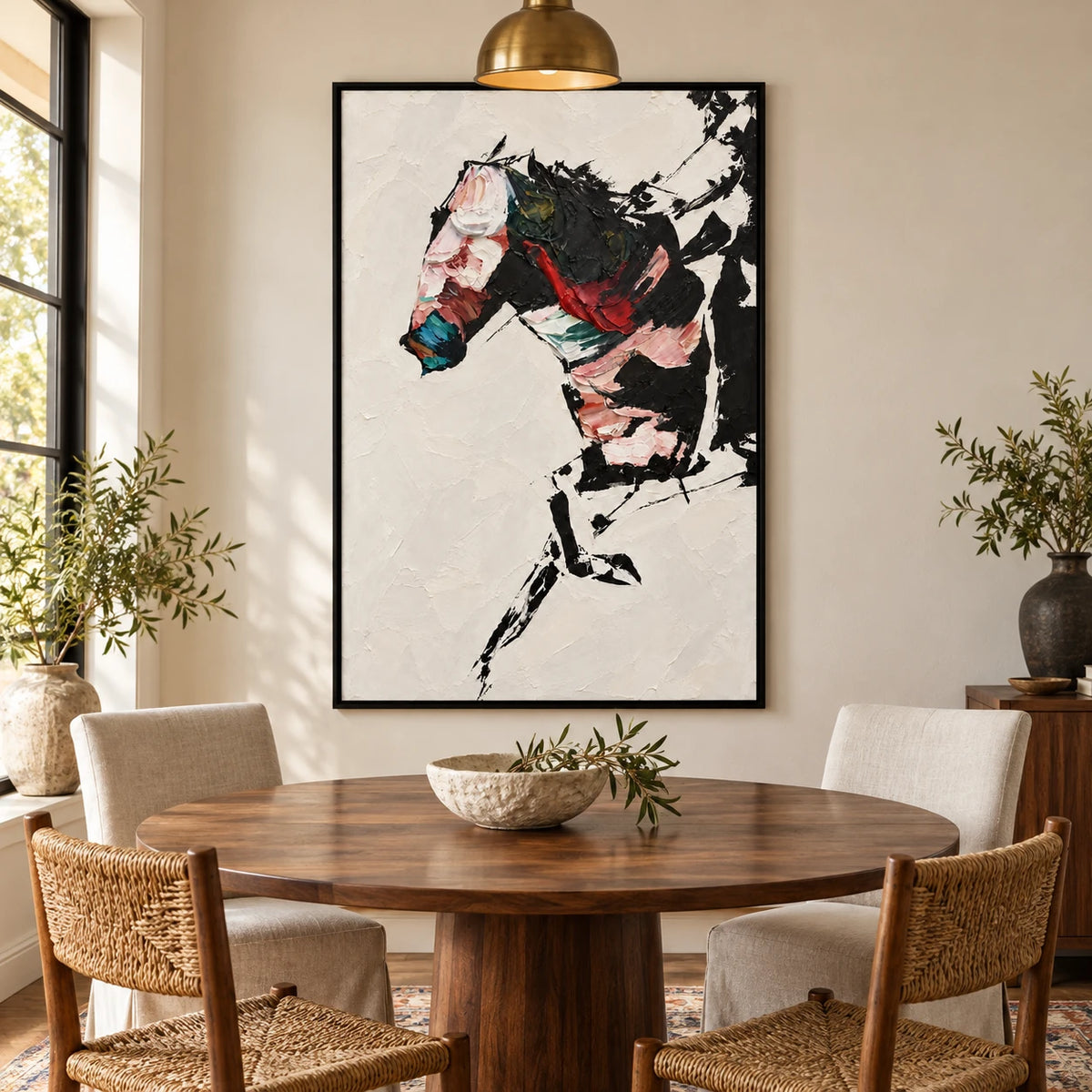 Ownanart Hand-Painted Abstract Black Horse Portrait Oil Painting – Expressive Abstract Equestrian Art, 3D Textured Vertical Canvas Wall Art for Living Room Bedroom Entryway and Office