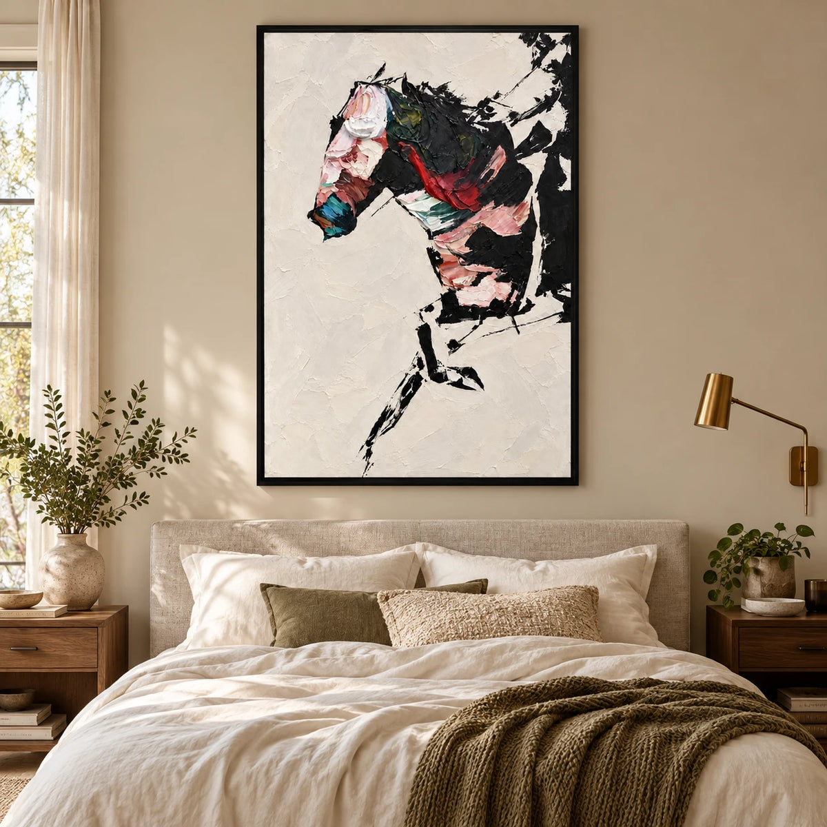 Ownanart Hand-Painted Abstract Black Horse Portrait Oil Painting – Expressive Abstract Equestrian Art, 3D Textured Vertical Canvas Wall Art for Living Room Bedroom Entryway and Office