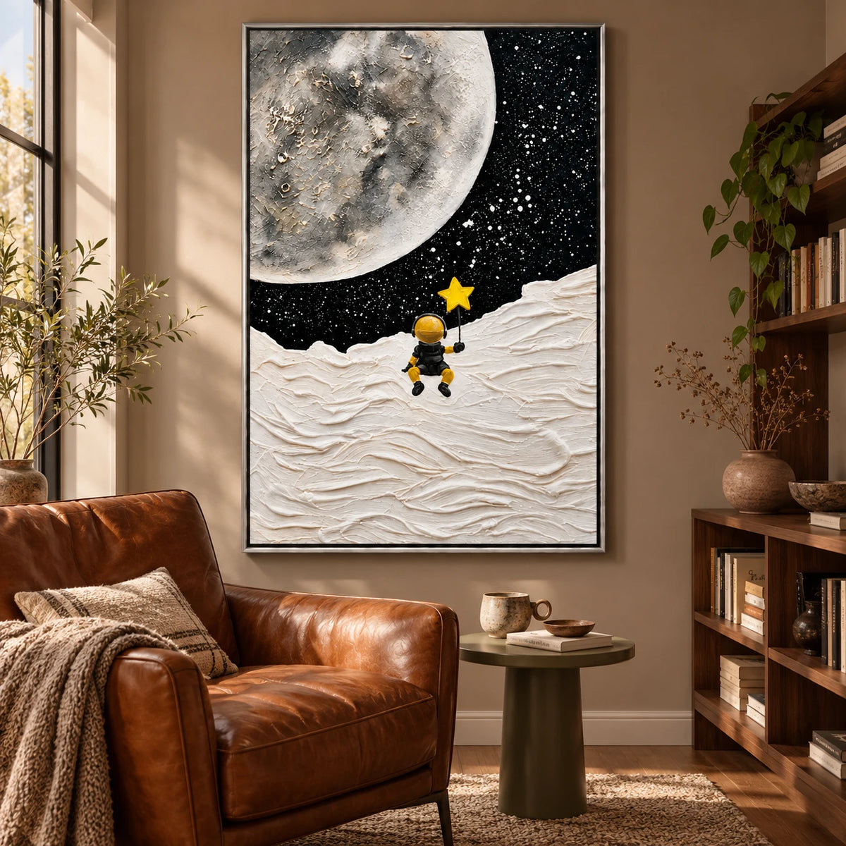 Ownanart Hand-Painted Astronaut Holding a Yellow Star on the Moon Oil Painting – 3D Textured Vertical Impasto Canvas Wall Art for Living Room Bedroom Entryway and Office