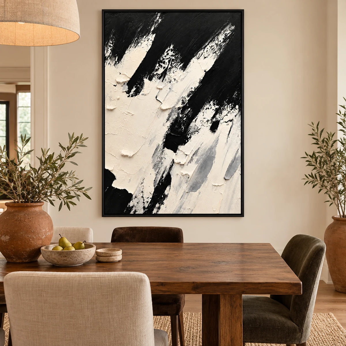Ownanart Hand-Painted Black and White Diagonal Impasto Abstract Oil Painting – Textured Vertical Canvas Wall Art for Living Room and Office
