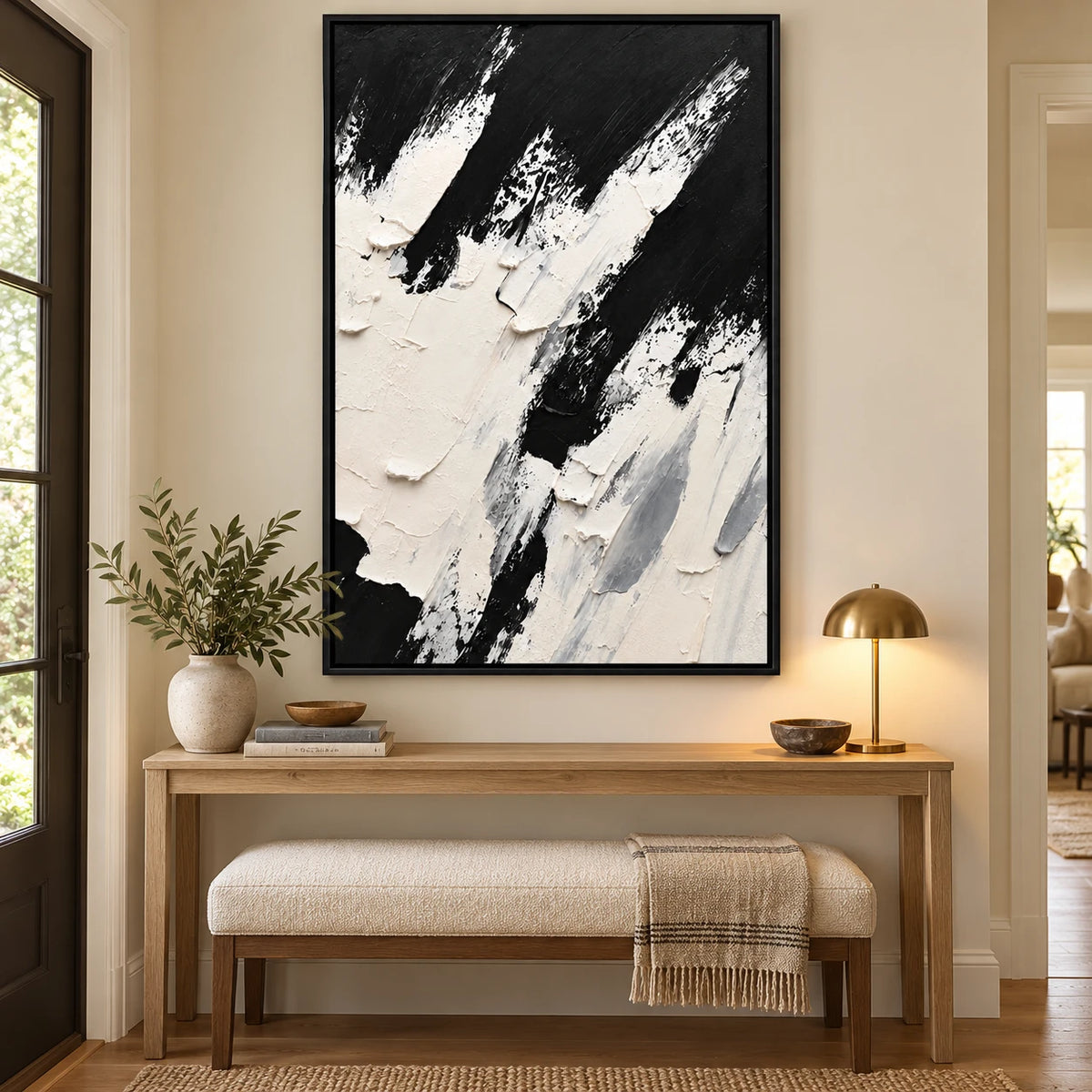 Ownanart Hand-Painted Black and White Diagonal Impasto Abstract Oil Painting – Textured Vertical Canvas Wall Art for Living Room and Office