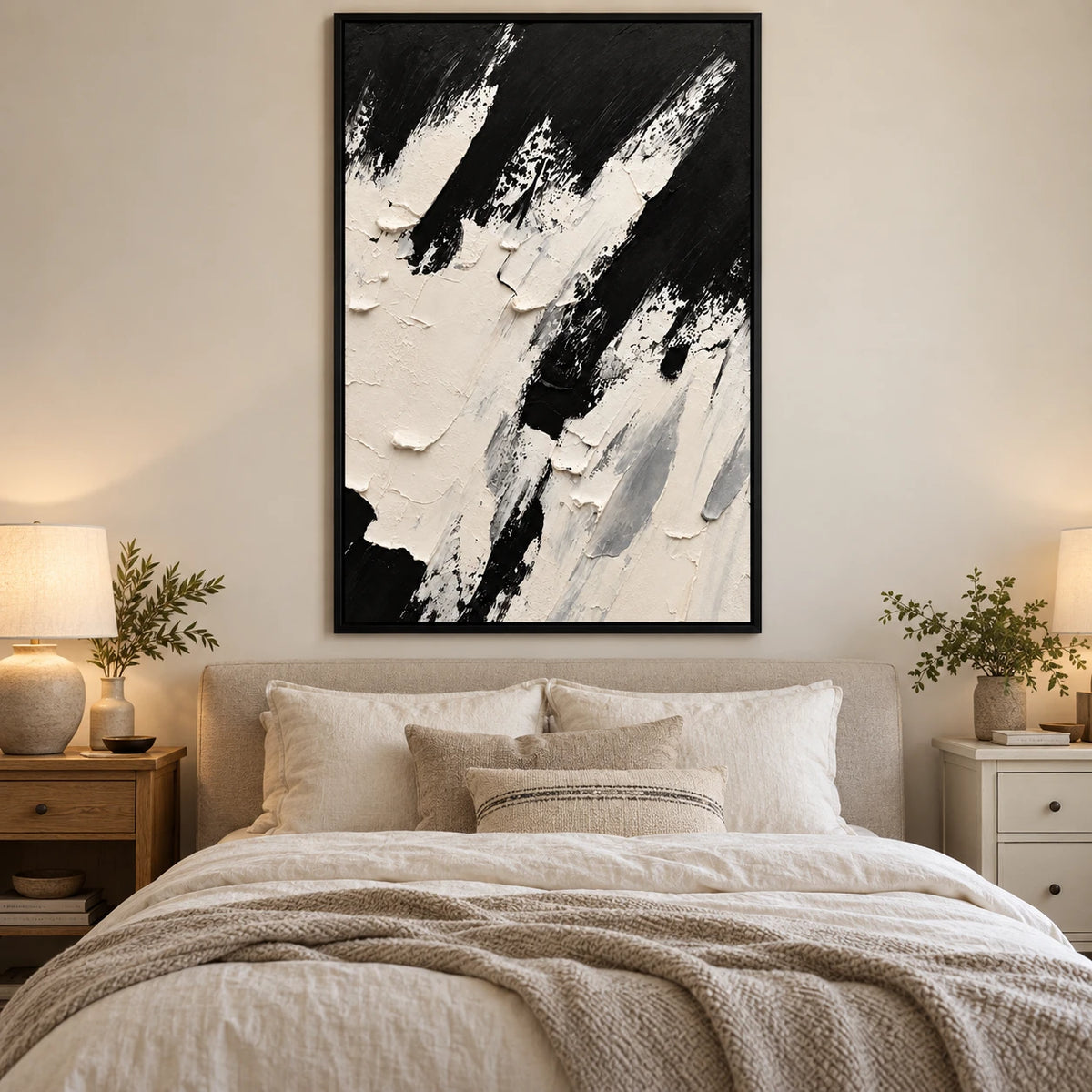 Ownanart Hand-Painted Black and White Diagonal Impasto Abstract Oil Painting – Textured Vertical Canvas Wall Art for Living Room and Office