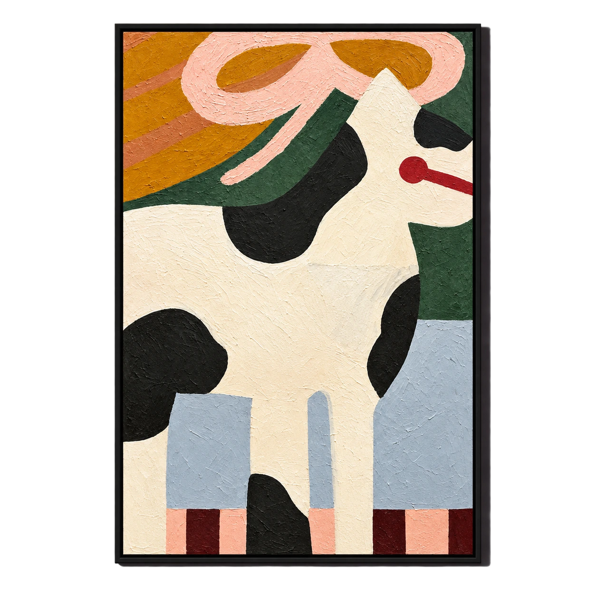 Ownanart Hand-Painted Black and White Dog with Pink Ribbon Oil Painting – Whimsical Contemporary Folk Animal Art, 3D Textured Vertical Canvas Wall Art, Original Painting for Living Room Bedroom Entryway and Office