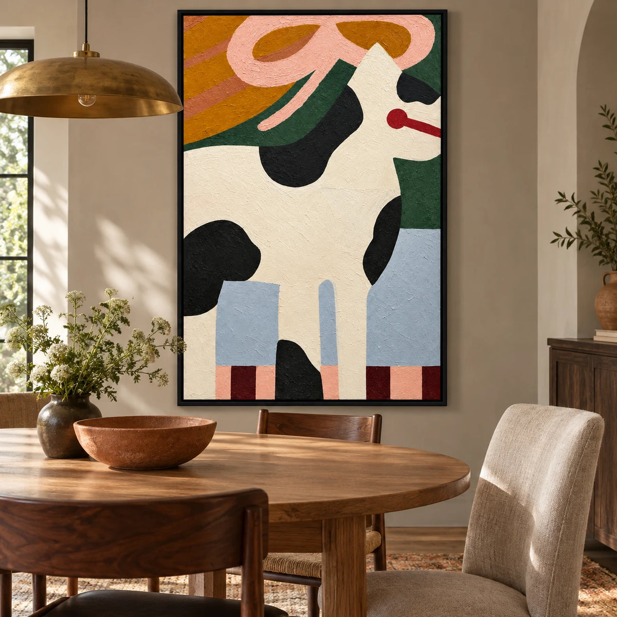 Ownanart Hand-Painted Black and White Dog with Pink Ribbon Oil Painting – Whimsical Contemporary Folk Animal Art, 3D Textured Vertical Canvas Wall Art, Original Painting for Living Room Bedroom Entryway and Office