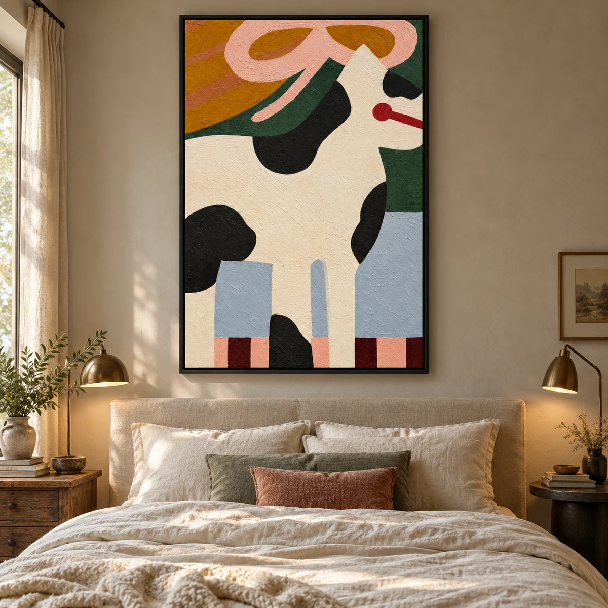 Ownanart Hand-Painted Black and White Dog with Pink Ribbon Oil Painting – Whimsical Contemporary Folk Animal Art, 3D Textured Vertical Canvas Wall Art, Original Painting for Living Room Bedroom Entryway and Office