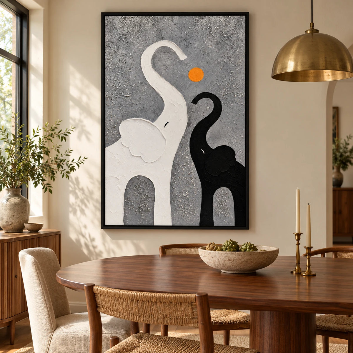 Ownanart Hand-Painted Black and White Elephants with Orange Sun Oil Painting – Minimalist Abstract Animal, 3D Textured Vertical Canvas Wall Art for Living Room Bedroom Entryway and Office