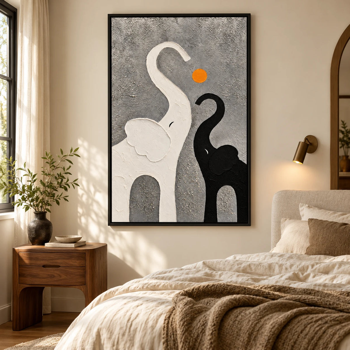Ownanart Hand-Painted Black and White Elephants with Orange Sun Oil Painting – Minimalist Abstract Animal, 3D Textured Vertical Canvas Wall Art for Living Room Bedroom Entryway and Office