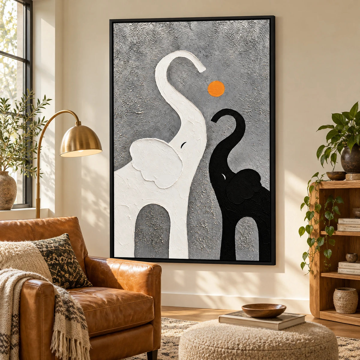 Ownanart Hand-Painted Black and White Elephants with Orange Sun Oil Painting – Minimalist Abstract Animal, 3D Textured Vertical Canvas Wall Art for Living Room Bedroom Entryway and Office