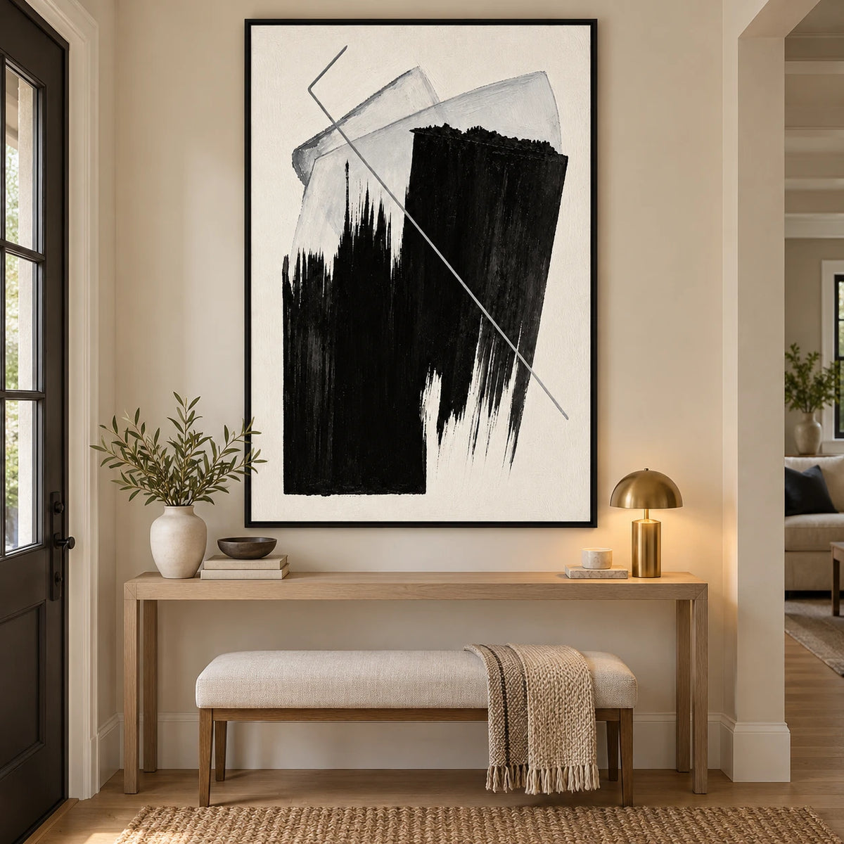 Ownanart Hand-Painted Black and White Geometric Abstract Oil Painting – Textured Vertical Canvas Wall Art for Living Room and Office