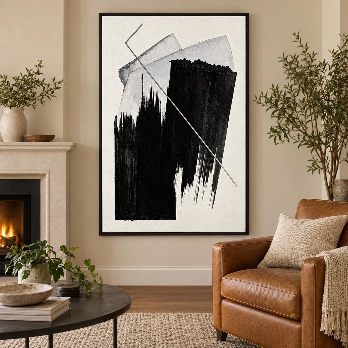 Ownanart Hand-Painted Black and White Geometric Abstract Oil Painting – Textured Vertical Canvas Wall Art for Living Room and Office