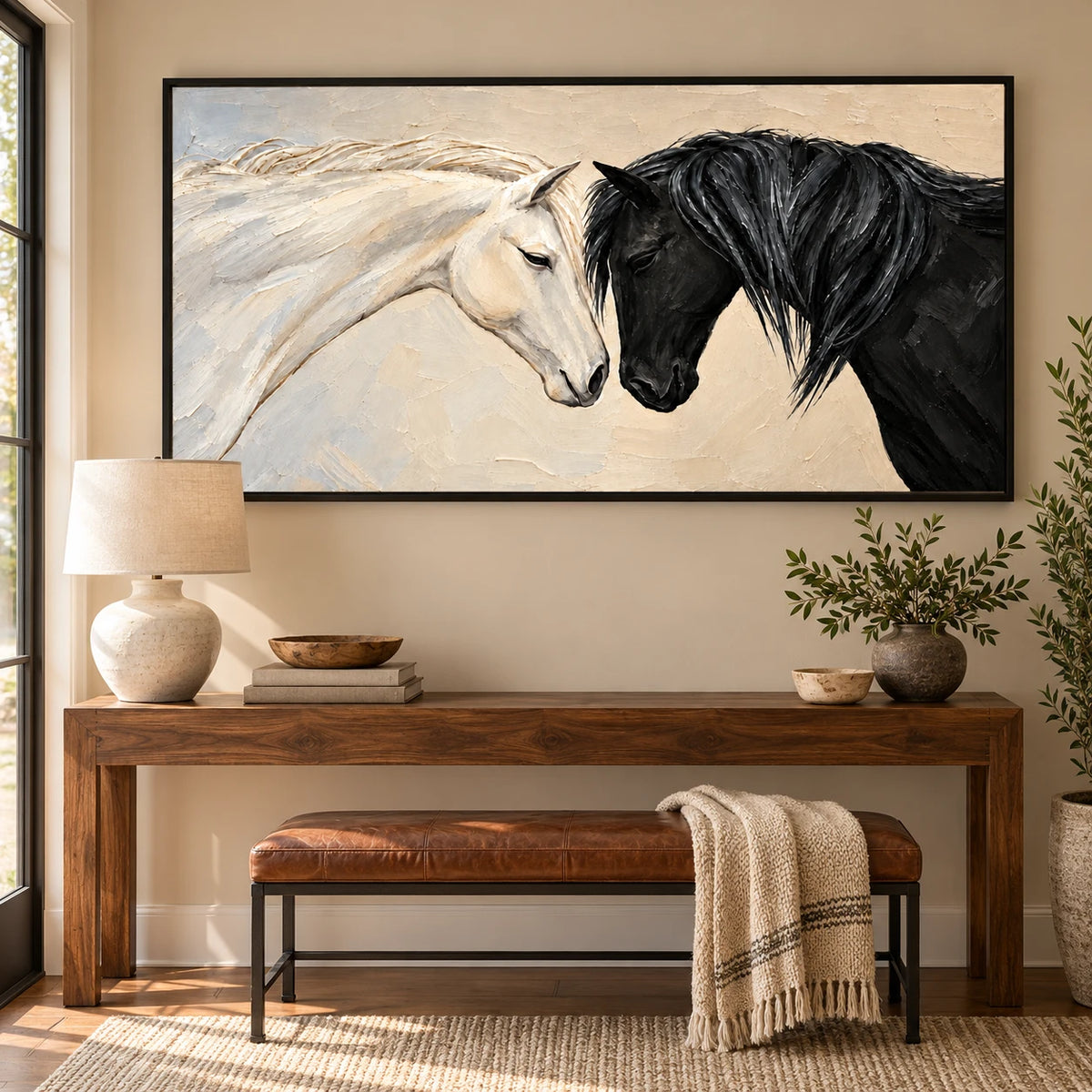 Ownanart Hand-Painted Black and White Horses Together Oil Painting – Monochrome Equestrian Portrait Art, 3D Textured Horizontal Canvas Wall Art for Living Room Bedroom Entryway and Office