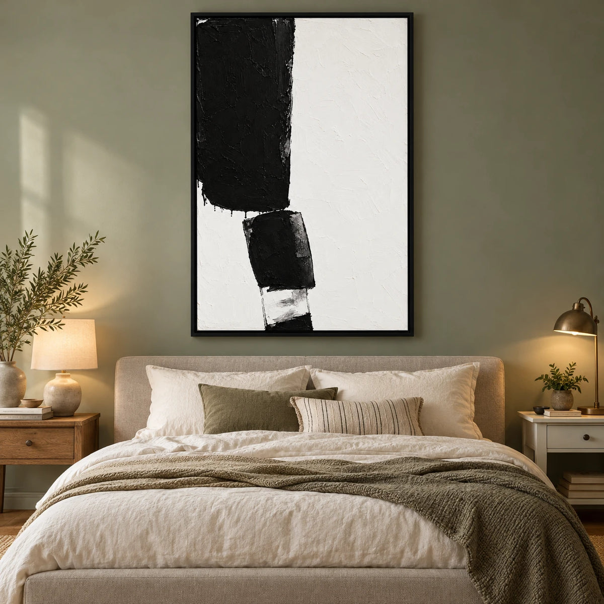 Ownanart Hand-Painted Black and White Minimalist Blocks Oil Painting – Textured Vertical Canvas Wall Art for Living Room and Office