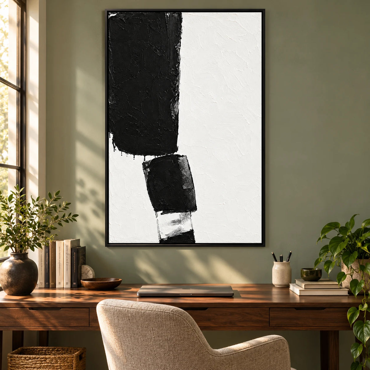Ownanart Hand-Painted Black and White Minimalist Blocks Oil Painting – Textured Vertical Canvas Wall Art for Living Room and Office